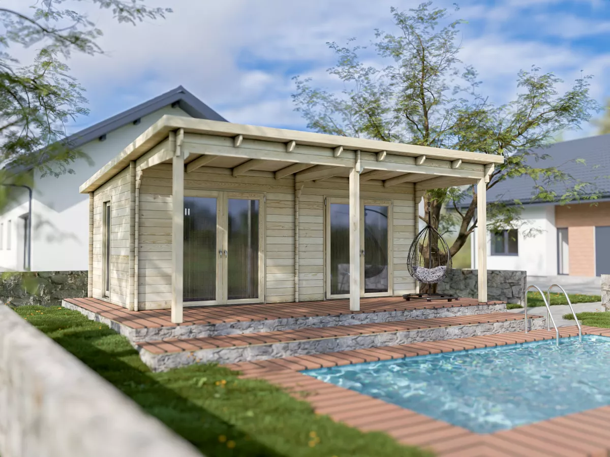 Polnisches Gartenhaus nach Maß mit Terrasse und Poolbereich